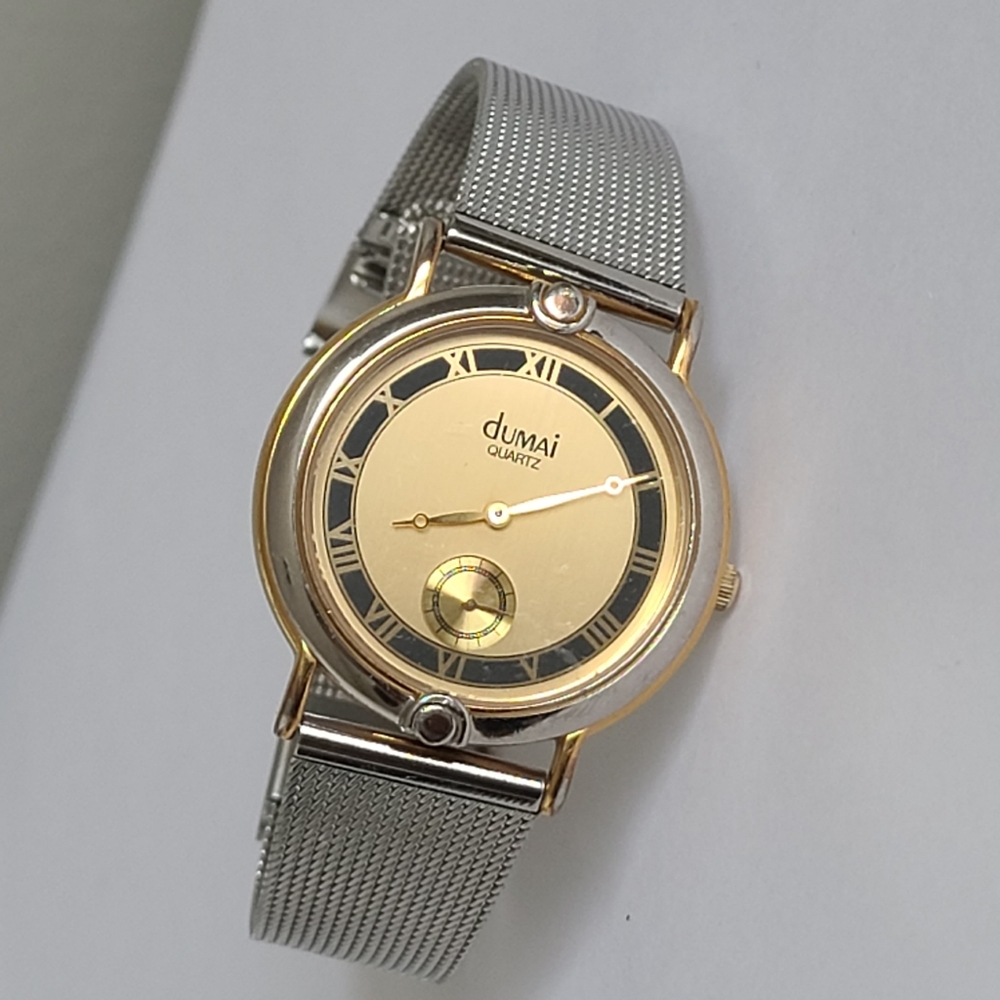Vintage DUMAI Quartz Two Tone Gold Face Roman Numeral Silver Band Men's Watch